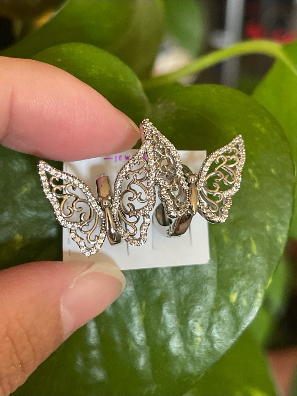 Silver Butterfly Hoop Earrings with Crystal Accents